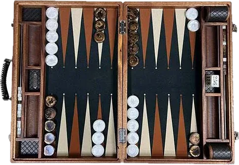 Abacus board in sapelli wood, open and seen from above, with a dark playing field and checkers set out