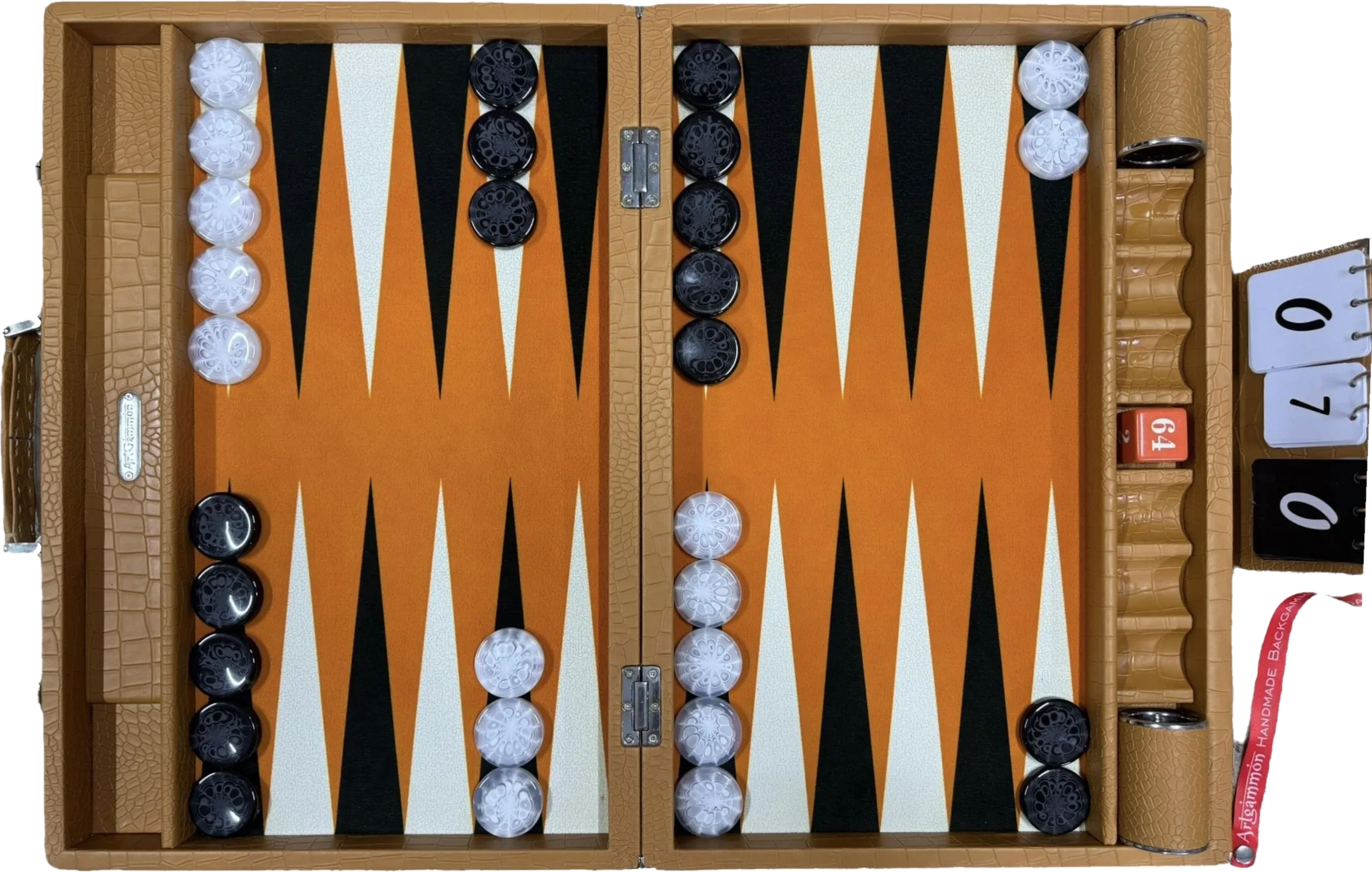 Camel brown croco board, open and seen from above, with an orange field, black and cream points, pearl and black checkers