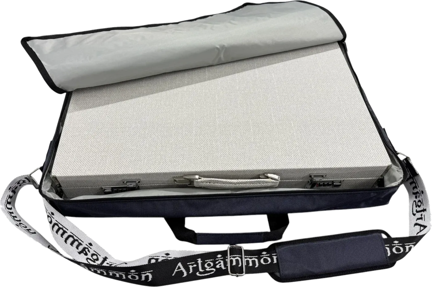 An open grey carry bag with an ArtGammon shoulder strap