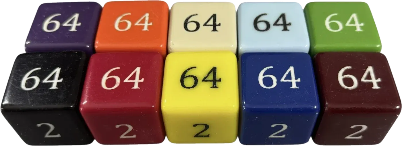 Ten 35 mm doubling cubes in different colours, each showing 64