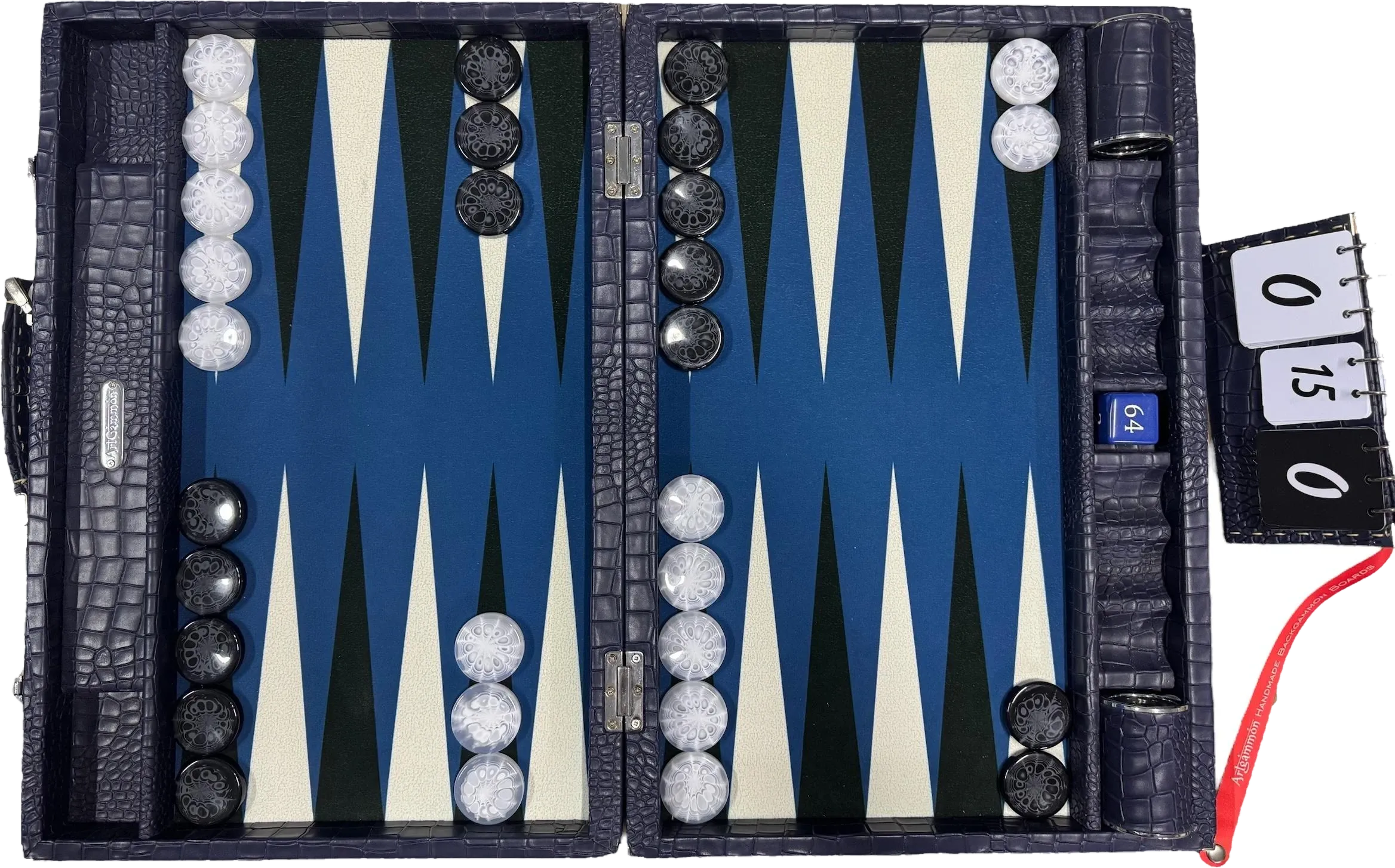 Tournament board in navy blue croco, open and seen from above