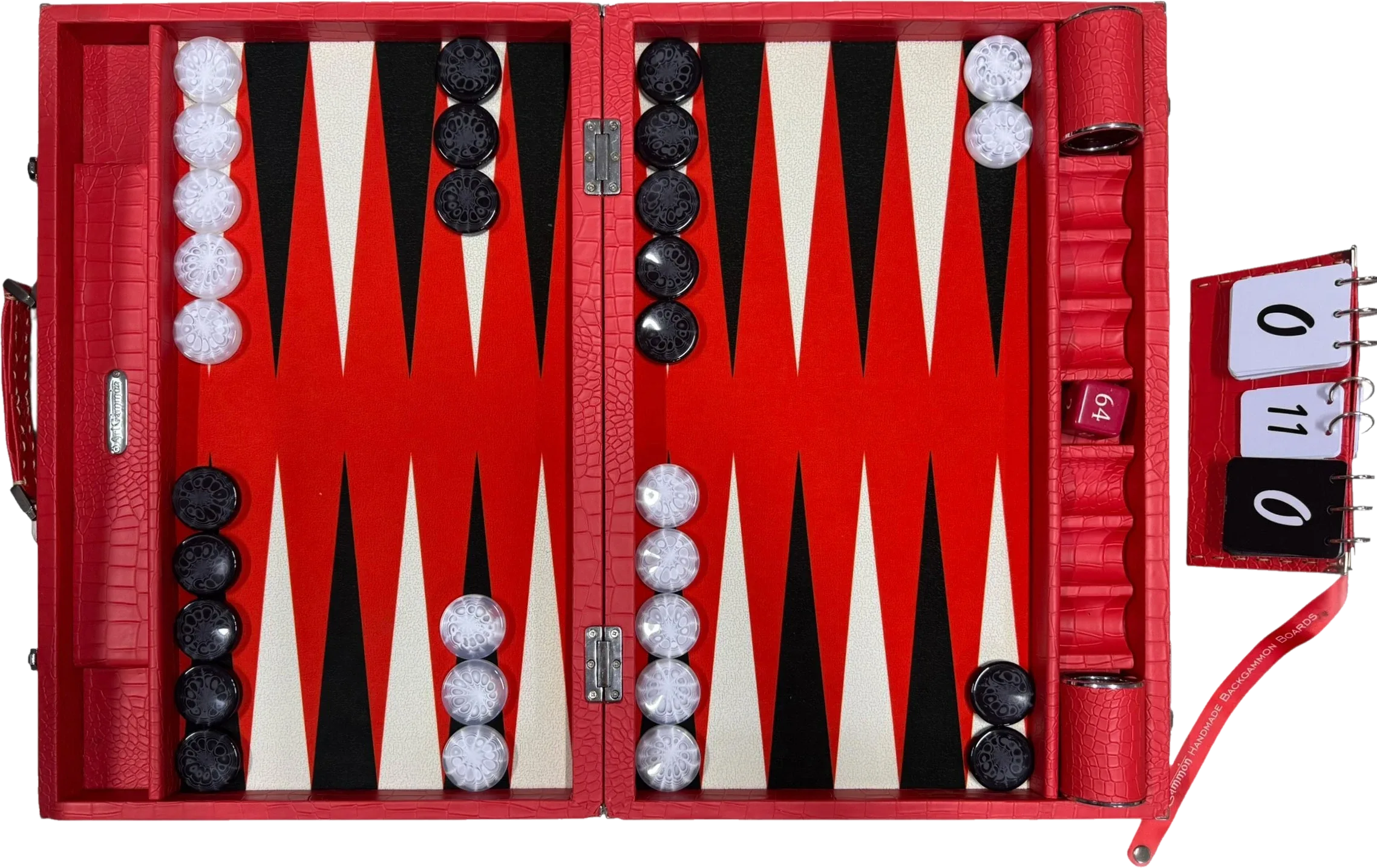 Scarlet red croco board, open and seen from above, with red and cream points, pearl and black checkers and a flip scoreboard