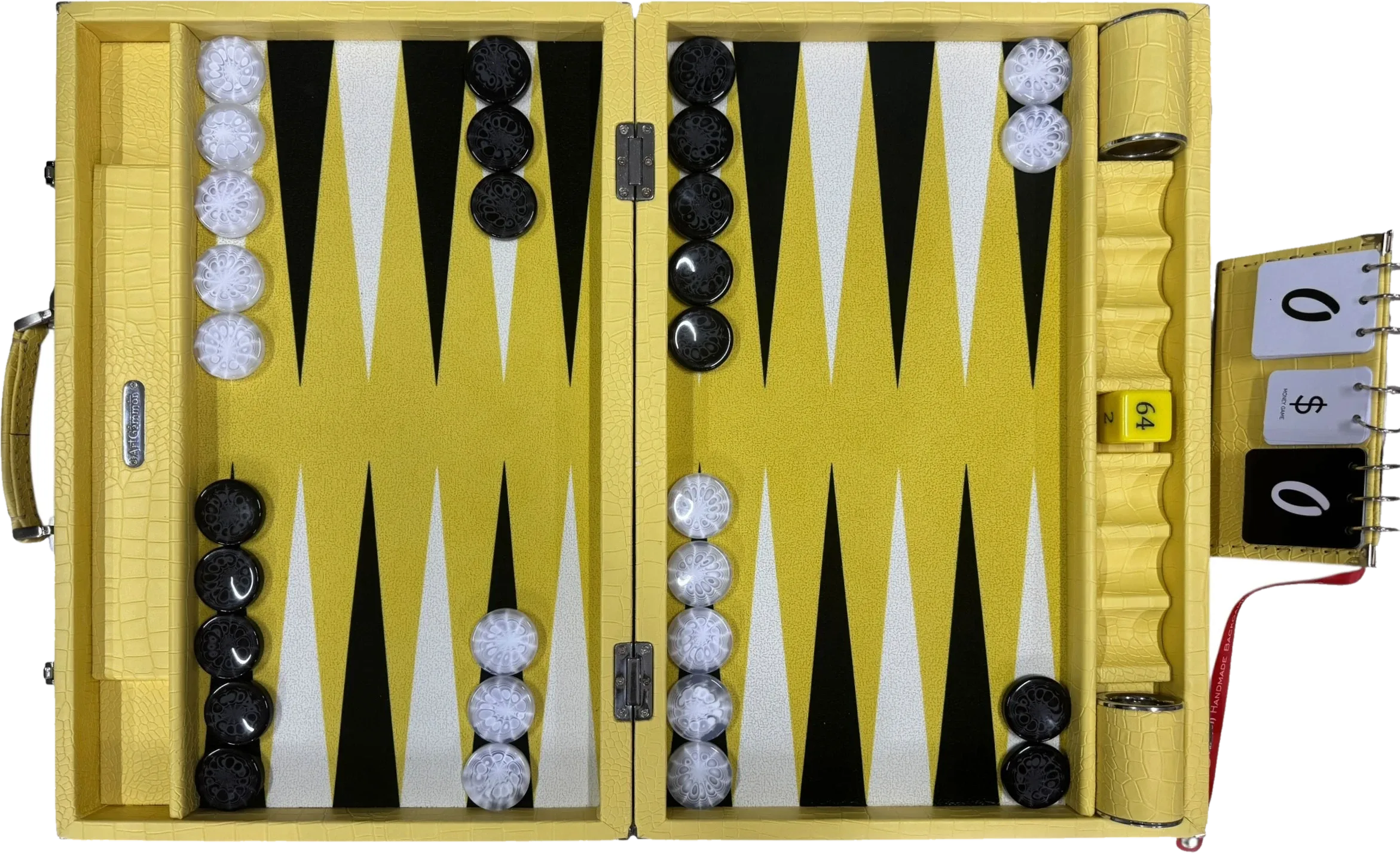 Yellow croco board, open and seen from above, with a yellow field, black and cream points, pearl and black checkers